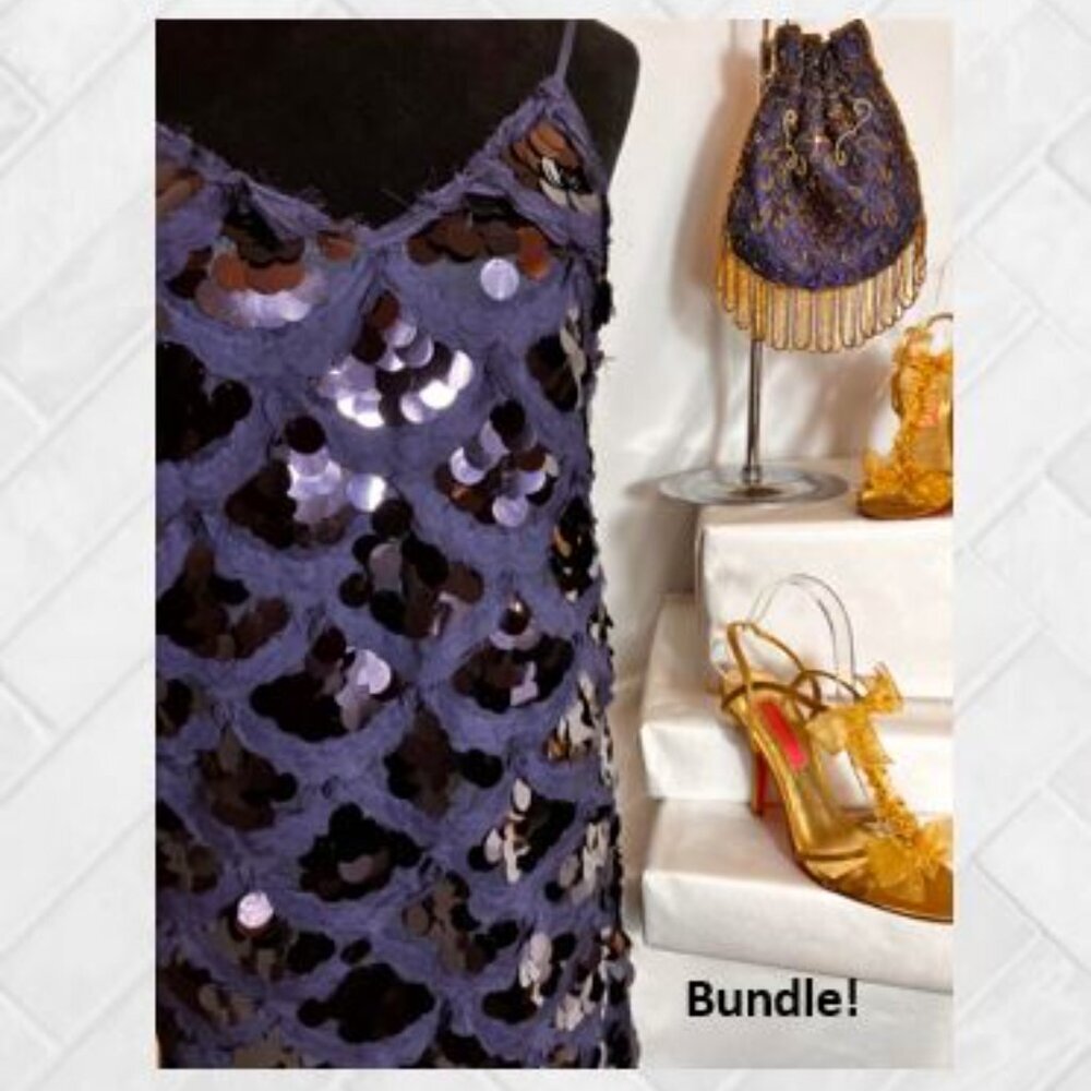 Sexy Sequin Slip Dress in Navy with Scallop Motif  EUC  Size Large - Picture 10 of 13